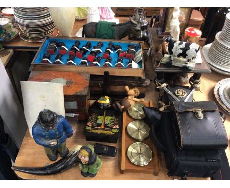 Wooden oriental chess set, miniature chest and table, combined barometer and thermometer, cameras, binoculars, table lamp and