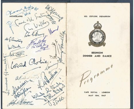 102 (Ceylon) Squadron Reunion Diner and Dance Programme, Café Royal, London, 10 May 1947. Over 50 signatures including Leonar