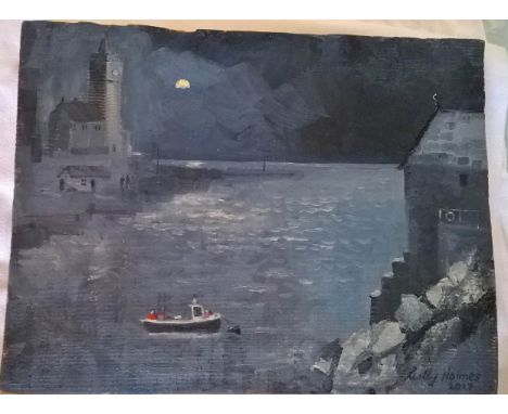 Artist: Lesley Holmes Title: Porthleven MoonlightSize: 38.5 x 30 x 2.5cmMedium: OilLesley HolmesHaving spent many happy years