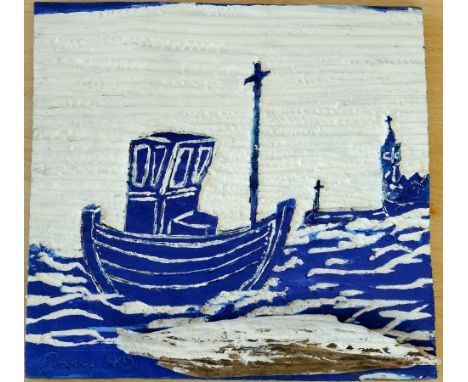 Artist: Simon BradleyTitle: Bid this angry tumult cease ……..Size: 29 x 30.5 x 4.5cmMedium: Wood carvingPlus Ink Print on fine