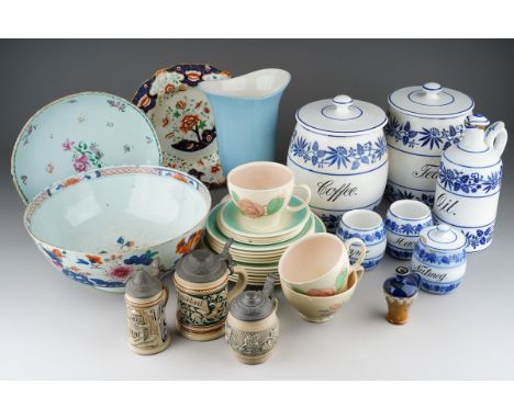 Three boxes of assorted ceramics to include collection of German blue and white kitchen bowls, barrels etc; a Susie Cooper de