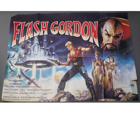 Cinema Poster: Flash Gordon British Quad cinema poster, has been stored both rolled and folded, tear lower right with sellota