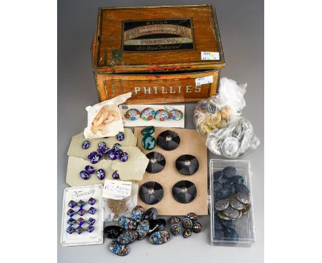 Assorted vintage metal, bakelite, mother-of-pearl and painted ceramic buttons, various designs, some on cards one stamped Aus