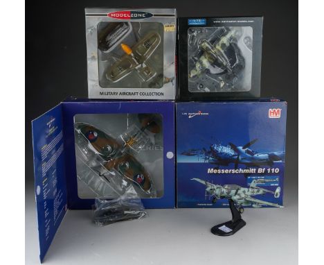 A boxed Hobbymaster 1:48 scale die-cast display HA7801 Spitfire Mk.1 "DW-N", together with a Hobbymaster Messerschmitt Bf 110