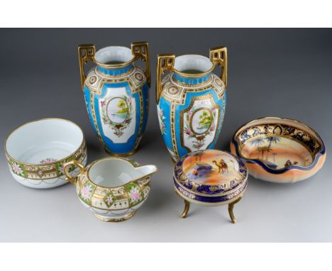 Collection of Noritake porcelain to include 2 vases, milk jug and sugar bowl, lidded pin dish and bowl (6)