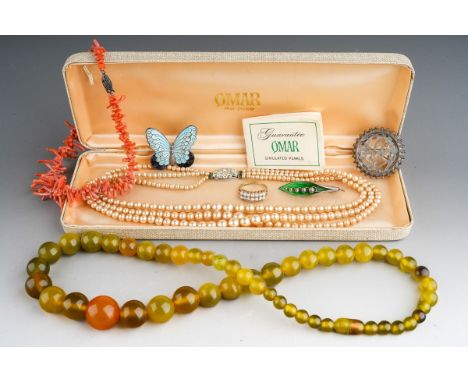 Collection of jewellery, to include one 9 ct gold opal set ring, three broaches including a silver and enamel Lilly of the va