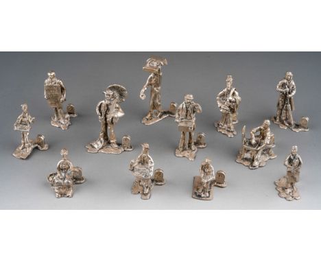 A set of twelve Elizabeth II silver novelty "Cries of London" place or menu card holders, realistically cast as a 19th Centur