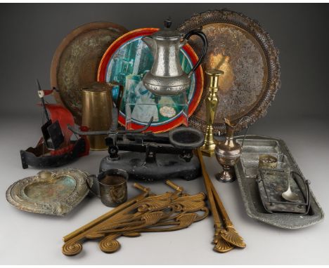 Assorted metalware to include: brass candlesticks, white metal planished teapot, scales, tray etc (1 box)