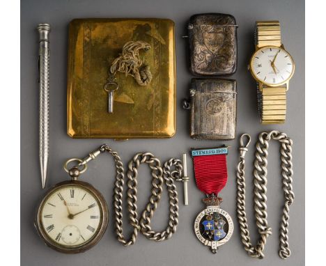 A Collector`s lot to include: two early 20th Century engraved vesta cases; a late 19th Century Waltham &amp; Co open faced si