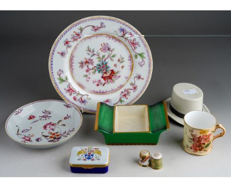 Assorted ceramics to include two Royal Crown Derby thimbles, Royal Worcester jug, Carlton Ware dish, porcelain advertising to
