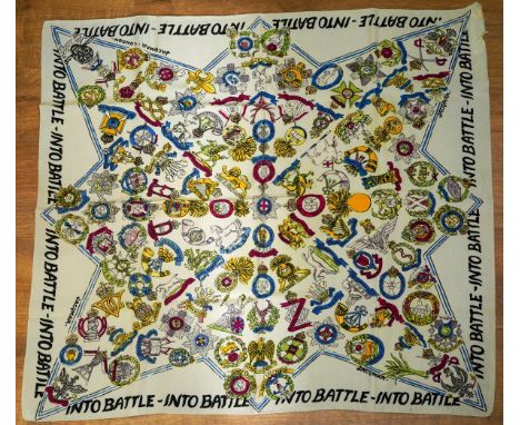 A Jacqmar WWII Into Battle propaganda scarf, decorated with regimental badges, against a pale blue ground, 89cm x 86cm.