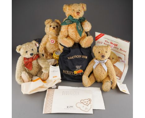 A collection of Steiff Teddy Bears to include:  1. Honey Bear with ceramic pot 2006, button and white label to ear 672163, li