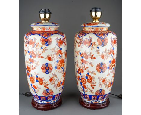 Pair of large Chinese Style Imari pattern Ceramic Table Lamp Bases, approx. 47 cm tall including fittings