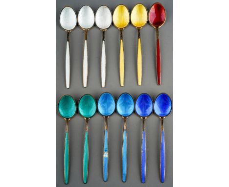 A collection of twelve David Anderson Norwegian silver gilt and enamelled coffee spoons, in six different colours, three whit
