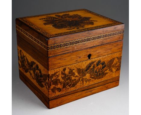 A Tunbridge Ware coromandel rectangular tea caddy, the cover inset with a cube work floral bouquet within a geometric mosaic 