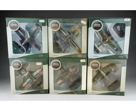 Six boxed Oxford Aviation Front line Fighters 1:72 scale die-cast models, comprising Ki-84, Curtiss P40E Warhawk, Gloster Gla
