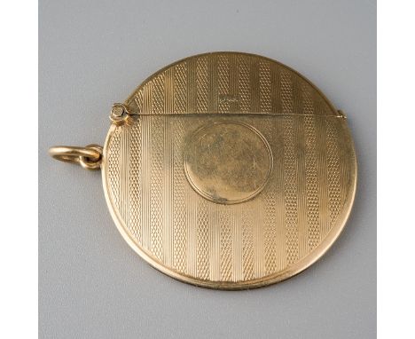 An Edwardian 9ct gold engine turned circular vesta case, with central vacant cartouche, on suspension ring, hallmarked by Wil