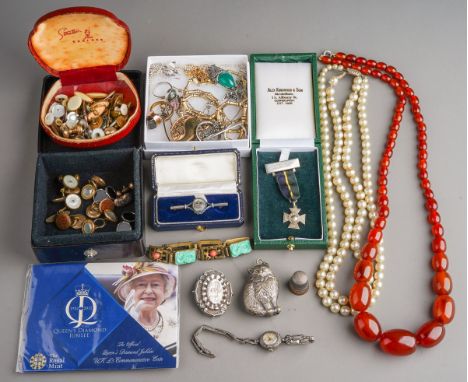 Silver Seniors Quaich medal in original box, silver ladies 1930s marcasite watch, white metal with yellow metal inlayed brooc