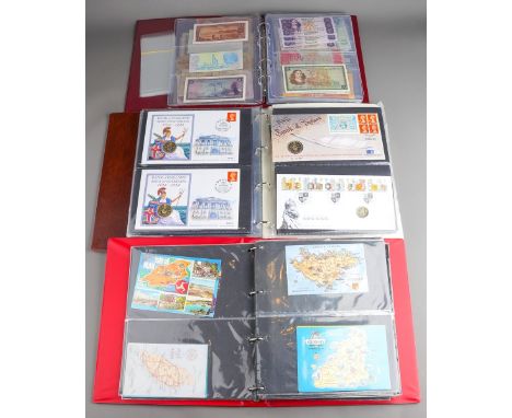Three folders of British and World banknotes, ten coin first day covers, other world coin sets and a quantity of British coun