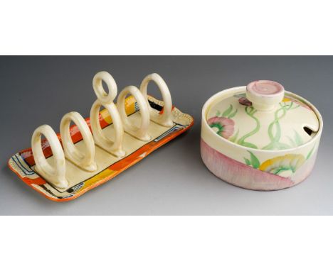 A Clarice Cliff Bizarre five bar toast rack, black blindstamp and a Clarice Cliff Newport pottery "Aurora" pattern preserve p