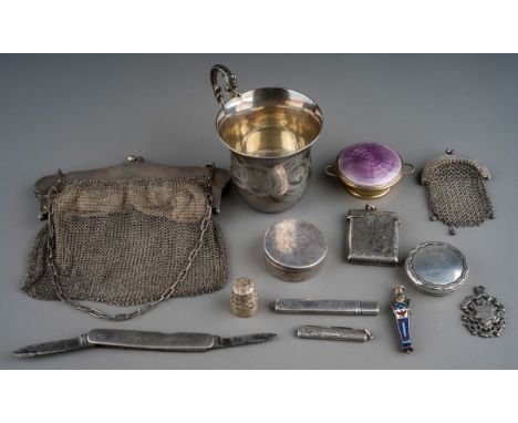 A French silver Christening mug, stamped on side together with early 20th Century silver including purse (imported),  vesta c