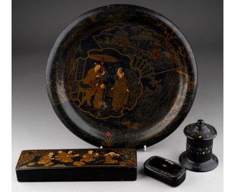 Four pieces of late 19th and early 20th century papier mache items, comprising a Victorian cylindrical pot and cover inlaid w