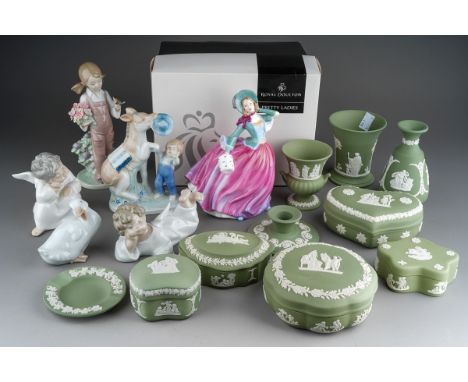 A group of ten pieces of Wedgwood green jasperware and Lladro, Nao, Royal Doulton,  etc, including a boxed Royal Doulton "Pre