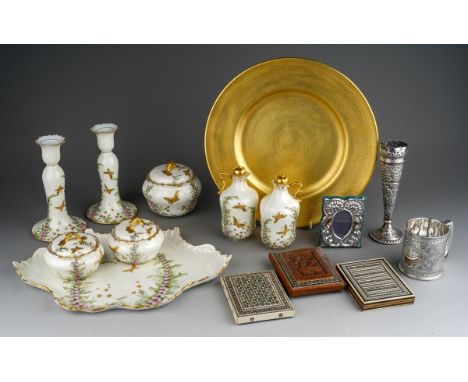 A collector's lot to include: an Asian white metal probably silver (untested) trumpet shaped posy vase embossed with elephant