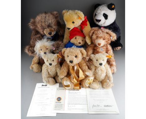 A collection of seven Steiff bears to include: two small Classic bears, 26cm long, button and yellow labels to ears no 000645