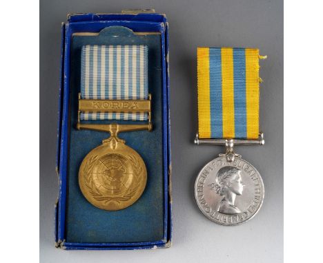 British Korea Medal and UN Korea Medal complete with box of issue, both with original ribbons to 22493932 Pte R Davey, Kings 