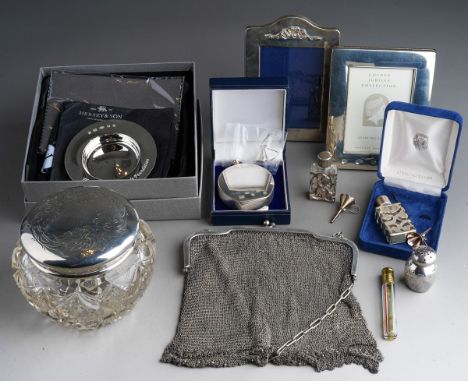 A collection of silver including photograph frames, Florence Nightingale dish, plain scent bottle (boxed); a Chinese small po