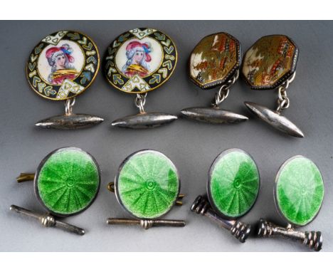 4 pairs of cuflinks to include a pair of satsuma ones, two sets of hallmarked silver and green enamel ones and a further pair