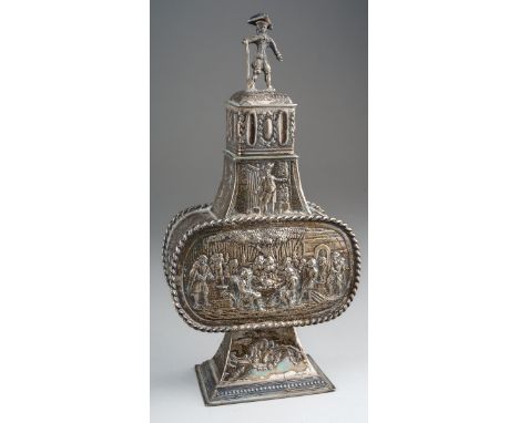 A 19th Century style Dutch silver .833 standard tea caddy and cover in the shape of a Pilgrim Bottle, profusely chased with B