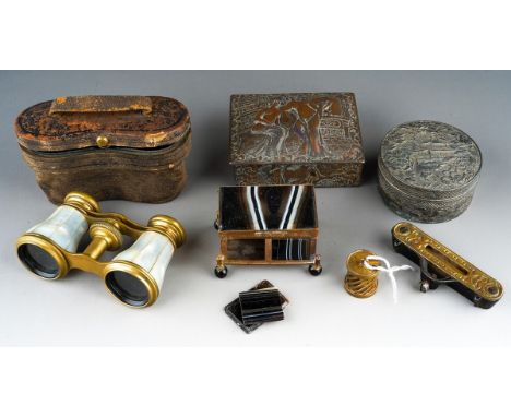 A collector's lot to include: a pair of Continental mother-of-pearl and gilt metal mounted Opera glasses in fitted case stamp