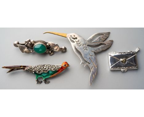 Three novelty silver white metal brooches and a novelty pendant, including an enamel and marcasite pheasant brooch, s.d. and 