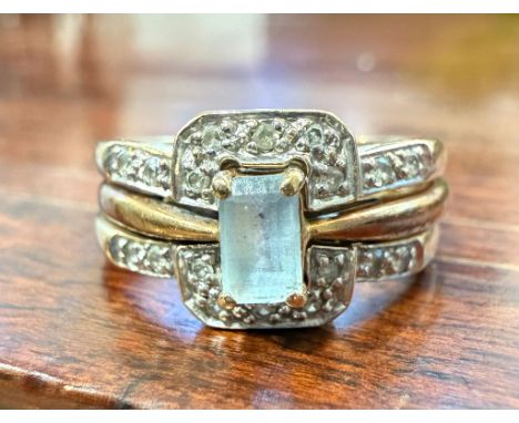 A ruby and diamond ring ring, together with an aquamarine and diamond three ring set, the first set with square shape rubies 