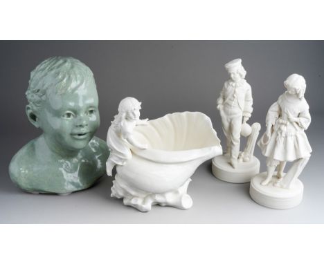 A pair of 19th Century parian figures modelled as a boy with ball and girl with a hoop and sticks, approx 23cm high together 