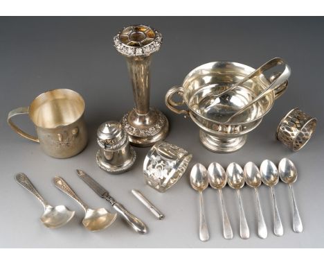 A group of silver to include: a pair of late Victorian Scottish bright cut caddy spoons, hallmarked by T Smith &amp; Son, Gla
