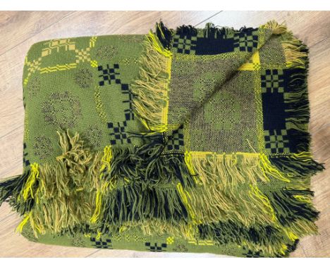 Traditional vintage woollen Welsh blanket in reversible double weave in green, brown, yellow and black. 260 x260 cm approx