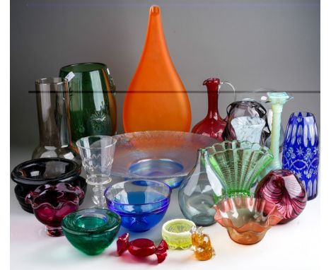 Collection of glassware to include Venetian glass bowl, sweet, Vaseline glas candle stick, Murano glass vases, cranberry glas