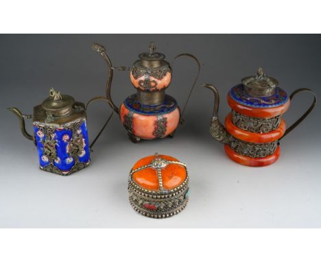 Two Asian white metal mounted and cloisonne teapots, one with semi-precious ring details together with a white metal and eart
