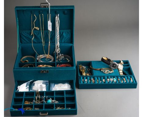 A jewellery box containing 9 ct gold letter K pendant set with white stones  and assorted costume jewellery, including rings,