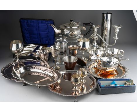 Large collection of silver plated items to include trays, tea pot, candle stick, cutlery etc.