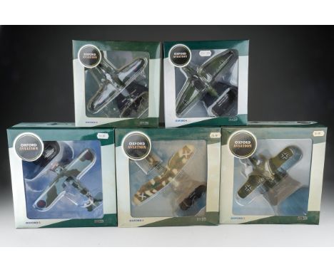 Five boxed Oxford Aviation Front Line Fighters 1:72 scale die-cast models, comprising Junkers Ju-87 Stuka, Boulton Paul Defia