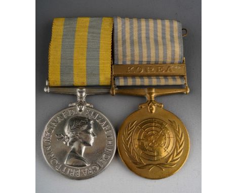 British Korea Medal and UN Korea Medal mounted on a bar complete with original ribbons to 22787895 Pte R Duckett, Durcham Lig