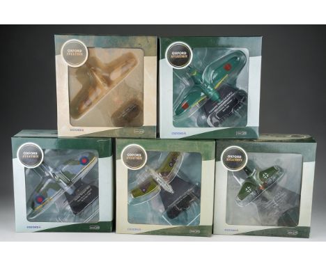 Five boxed Oxford Aviation front line fighters 1:72 scale die-cast models, comprising Curtiss Kittyhawk MK1, Heinkei HE 162, 