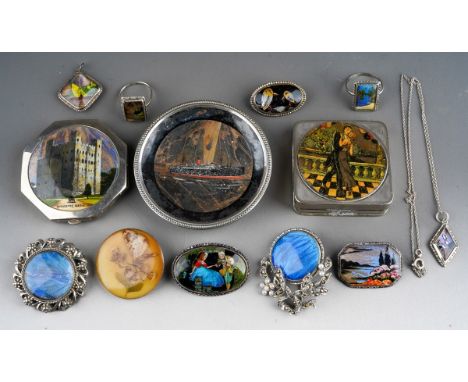 A small collection of silver and plated butterfly wing jewellery and compacts, etc, including a two silver brooches, two silv