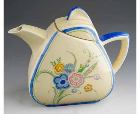 A Clarice Cliff Wilkinson Ltd teapot and cover, decorated with floral pattern no 6768, Reg no: 805827