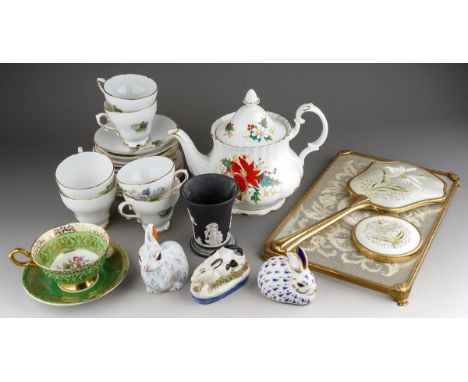 Assorted ceramics to include: Staffordshire black and white crouching Rabbit with bocage on oval blue and gilt base; two Roya