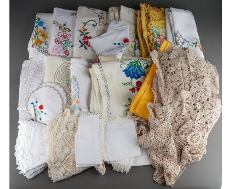 Collection of embroided table linen and crochet table clothes and place mats, coasters (1 box)